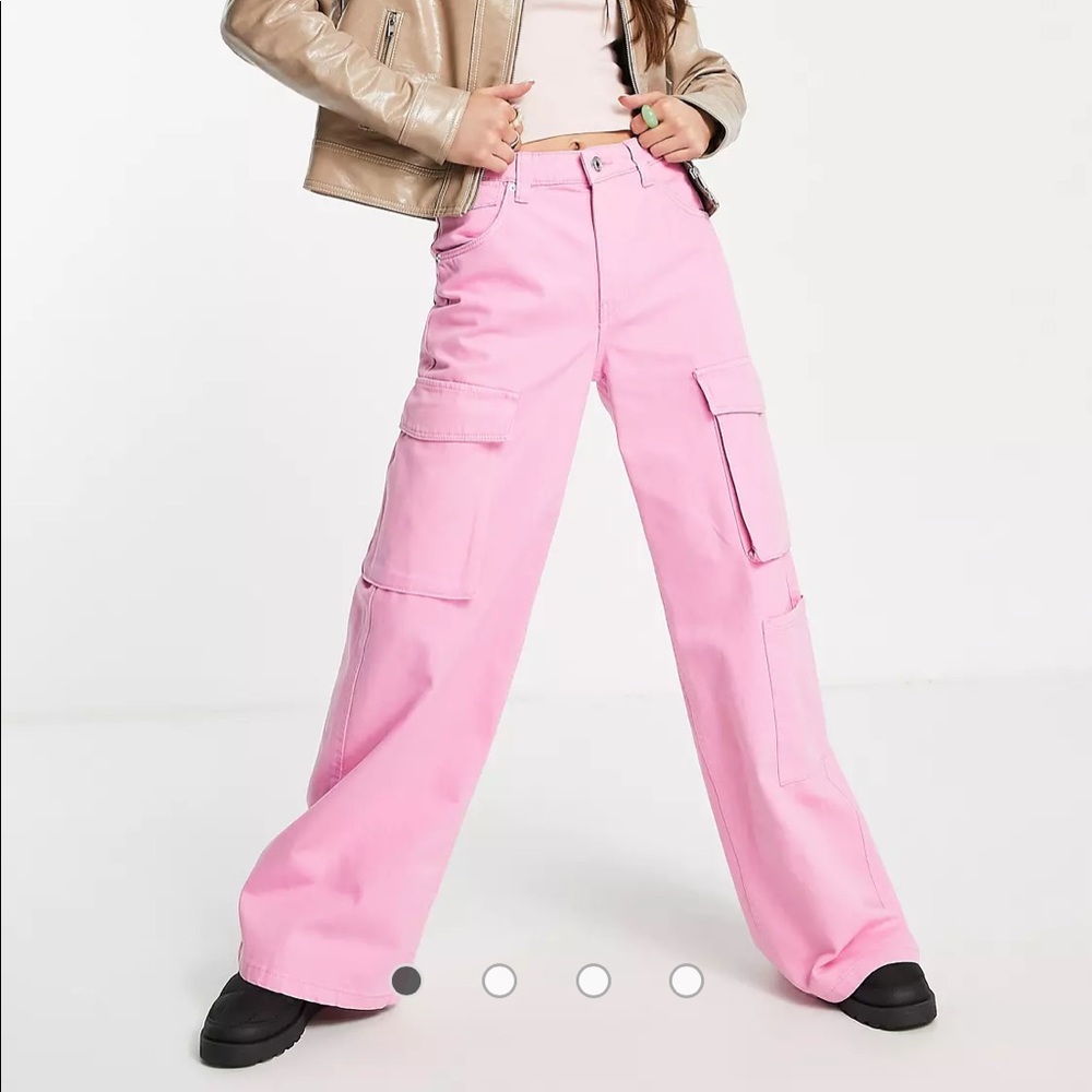 ASOS Bershka oversized pocket detail wide leg cargo pants in pink, size 2